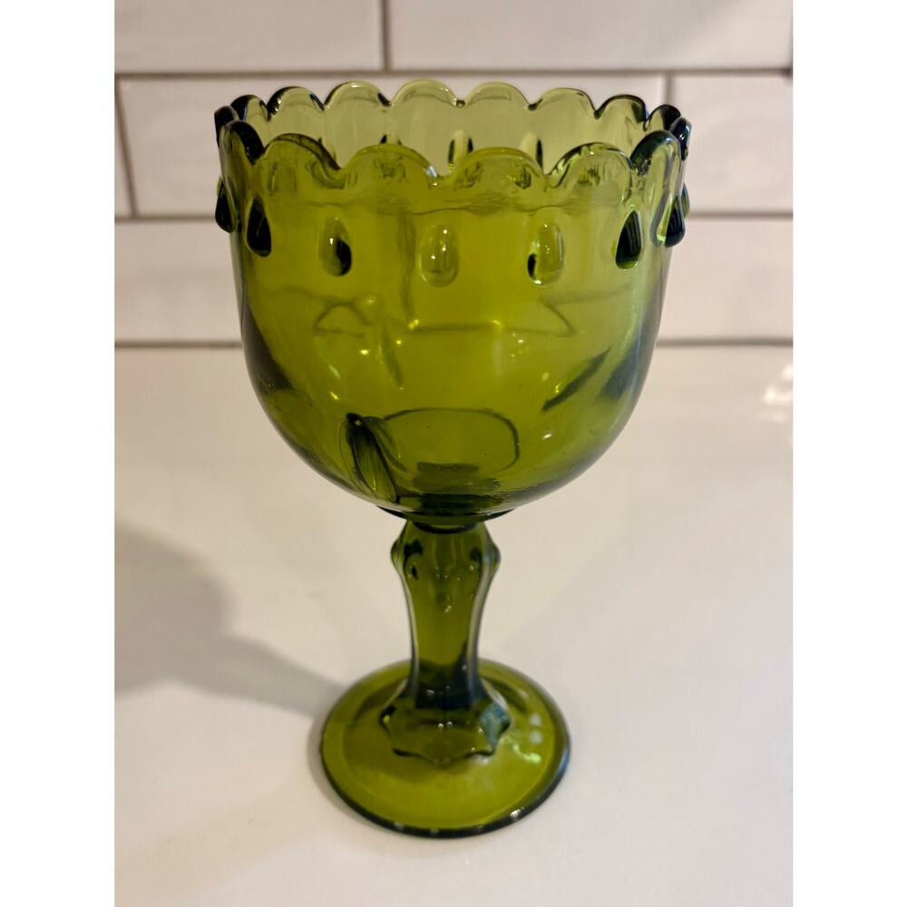 Vintage Indiana Avocado Green Glass Compote with Scalloped Teardrops